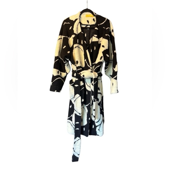 Farm Rio Smiley Black White Belted Long Cardigan - Teddy Texture - Size XL - Picture 2 of 7